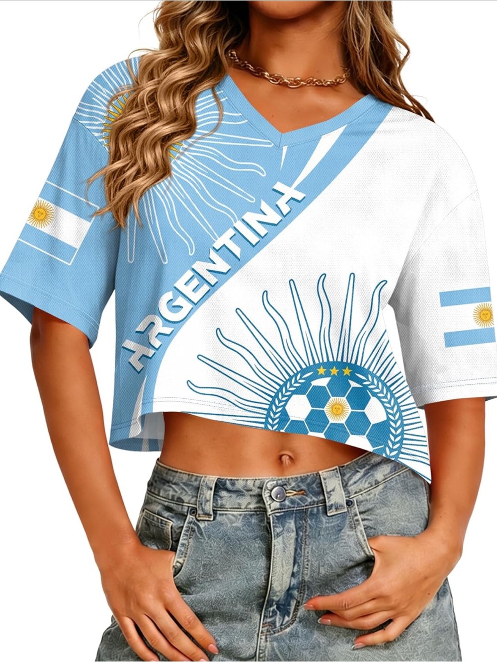 Argentina V-Neck Cropped Tee - Light Blue & White